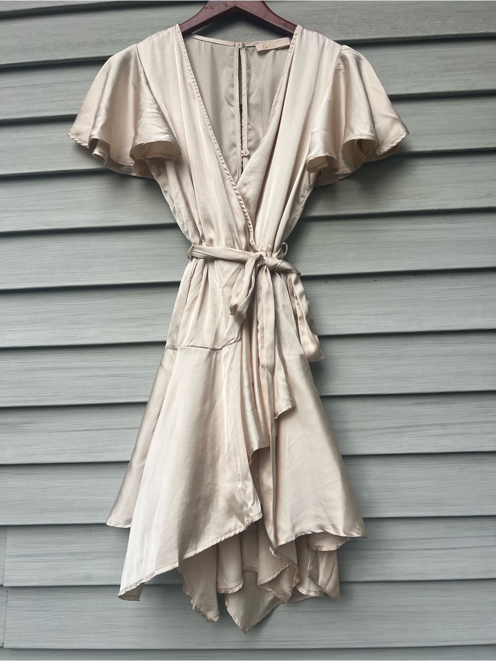 Women's Cream Asymmetrical Wrap Dress with Flutter Sleeves